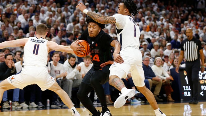 Miami Hurricanes PG Nijel Pack attacks the paint with Virginia Cavaliers guards Dante Harris and Isaac McKneely swiping at the ball at John Paul Jones Arena. (Amber Searls-USA TODAY Sports)