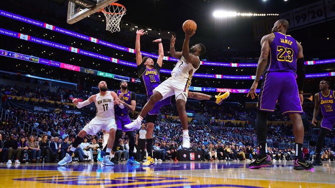 New Orleans Pelicans PF Zion Williamson gets in the paint vs. the Los Angeles Lakers at Crypto.com Arena. 
