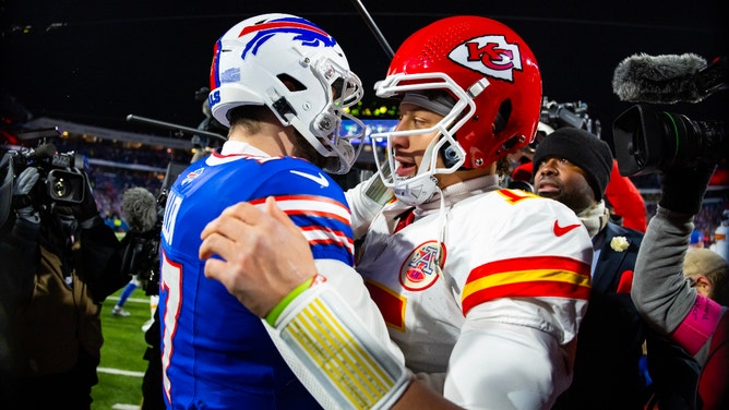 Kansas City Chiefs quarterback Patrick Mahomes (15) greets Buffalo Bills quarterback Josh Allen (17) following the 2024 AFC divisional round game at Highmark Stadium.