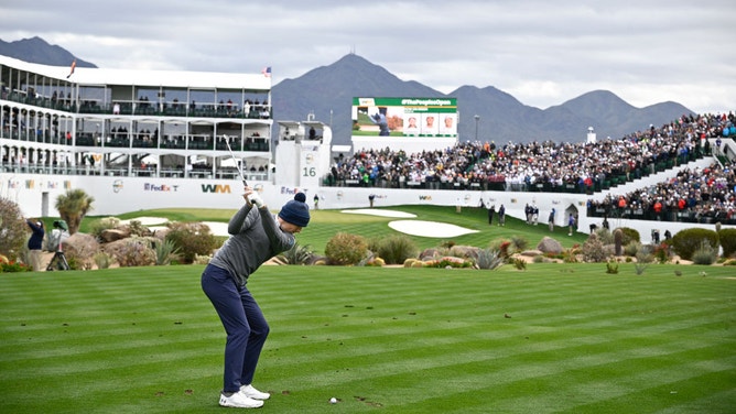 Jordan Spieth of the United States plays his shot from the 16th tee during the first round of the WM Phoenix Open at TPC Scottsdale on February 08, 2024 in Scottsdale, Arizona.