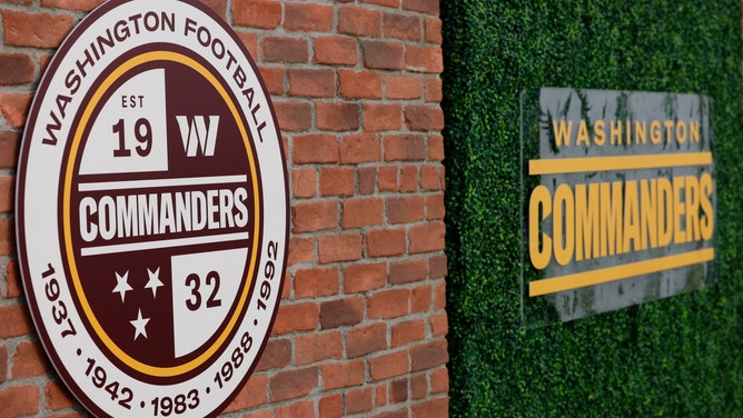 A view of the new logos during a press conference revealing the Washington Commanders as the new name for the formerly named Washington Football Team at FedEx Field