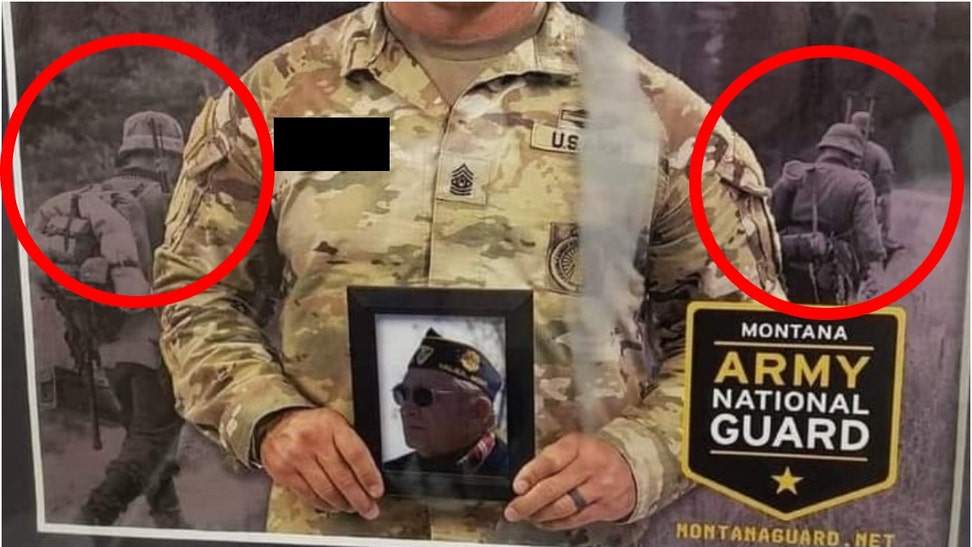 Montana National Guard poster appears to show German WWII soldiers in the background. (Credit: Montana National Guard Poster and https://twitter.com/6Voodoo/status/1756698950436901200/)