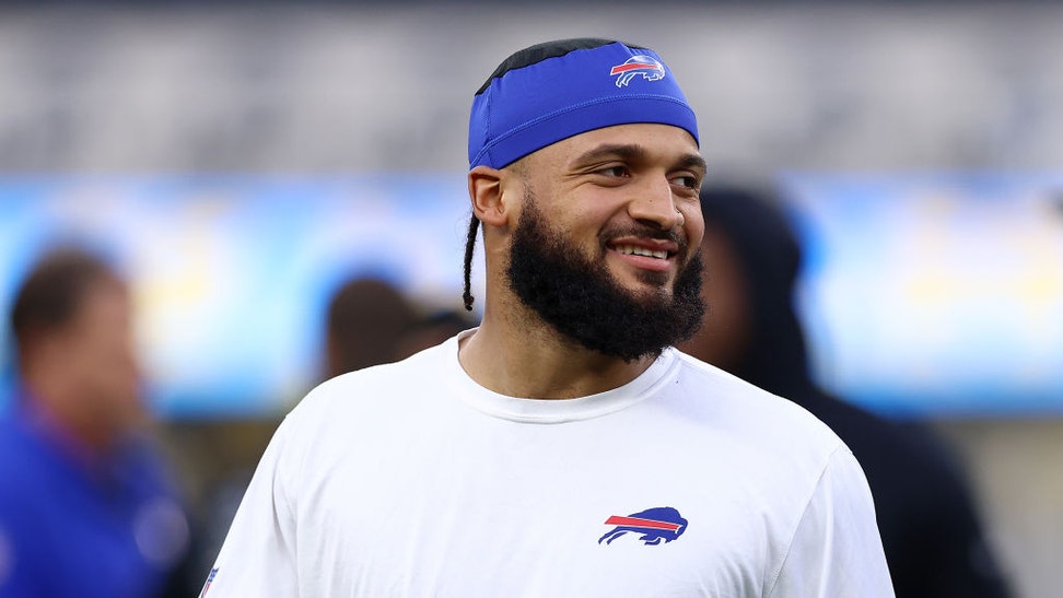 Gabe Davis #13 of the Buffalo Bills looks on during warm ups prior to the game against the Los Angeles Chargers at SoFi Stadium on December 23, 2023 in Inglewood, California.