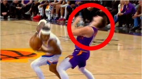 Phoenix Suns guard Grayson Allen pulled off an incredible flop against the Oklahoma City Thunder. Watch the hilarious video. (Credit: Screenshot/X Video https://twitter.com/barstoolsports/status/1764517026855309422)