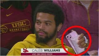 Internet reacts to Caleb Williams having a pink iPhone. (Credit: March Madness broadcast feed)