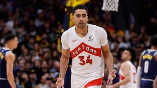 Toronto Raptors big Jontay Porter reacts after a play against the Denver Nuggets at Ball Arena. (Isaiah J. Downing-USA TODAY Sports)