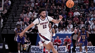 Gonzaga Bulldogs SF Anton Watson grabs a loose ball during the first round of the 2024 NCAA Tournament vs. the McNeese State Cowboys at Vivint Smart Home Arena-Delta Center in Utah. (Gabriel Mayberry-USA TODAY Sports)
