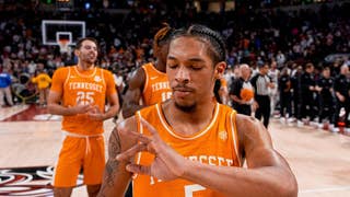Tennessee's Zakai Ziegler looks at his ring finger after beating South Carolina Courtesy of Tennessee Athletics