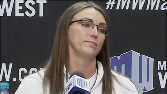 Utah State coach Kayla Ard awkwardly announces she's been fired. (Credit: Screenshot/X Video https://twitter.com/bjrains/status/1767068506971914704 via Mountain West Conference)
