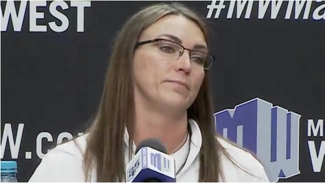 Utah State coach Kayla Ard awkwardly announces she's been fired. (Credit: Screenshot/X Video https://twitter.com/bjrains/status/1767068506971914704 via Mountain West Conference)