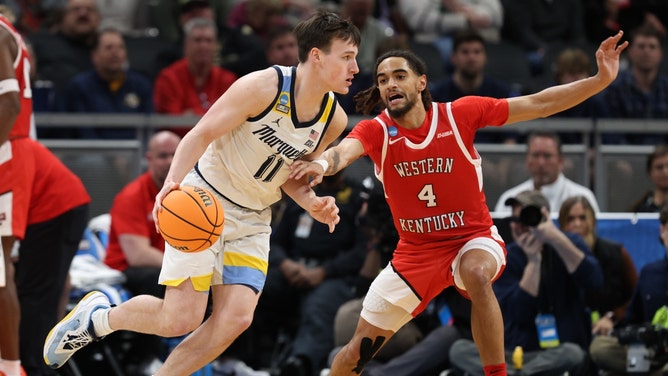 Marquette Golden Eagles PG Tyler Kolek controls the ball vs. the Western Kentucky Hilltoppers guard in the first round of the 2024 NCAA Tournament at Gainbridge FieldHouse in Indiana. (Trevor Ruszkowski-USA TODAY Sports)