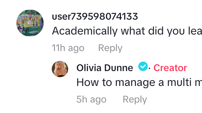 Olivia Dunne destroys online troll. (Credit: TikTok/Olivia Dunne)