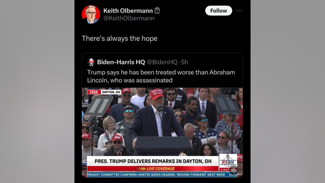 Keith Olbermann deleted viral tweet comparing Trump to Lincoln assassination. (Credit: X)