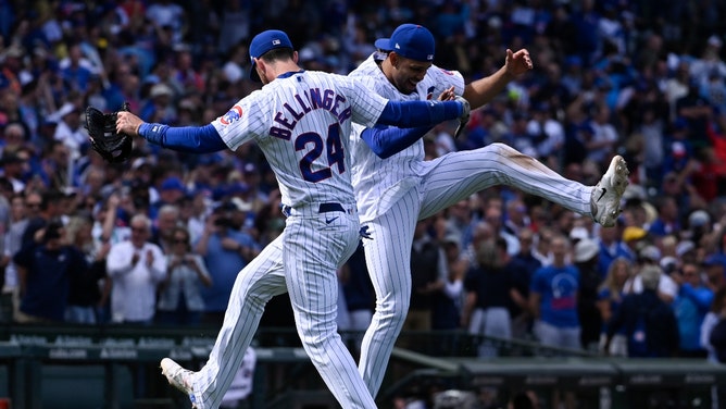 Chicago Cubs 1B Cody Bellinger and 2B Christopher Morel celebrate after beating the Milwaukee Brewers at Wrigley Field. (Matt Marton-USA TODAY Sports)