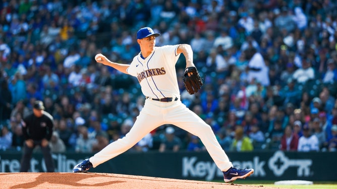 Seattle Mariners starting pitcher George Kirby throws against the Texas Rangers at T-Mobile Park in Washington. (Joe Nicholson-USA TODAY Sports)