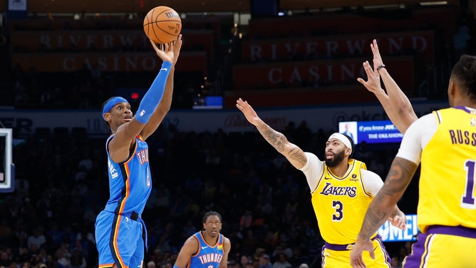 Oklahoma City Thunder All-Star Shai Gilgeous-Alexander shoots a pull-up vs. the Los Angeles Lakers at Paycom Center. (Alonzo Adams-USA TODAY Sports)
