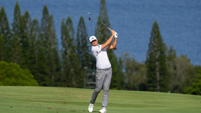 Ludvig Aberg hits an approach shot on the fourth hole at The Sentry 2024 at Kapalua Golf - The Plantation Course in Hawaii. (Kyle Terada-USA TODAY Sports)