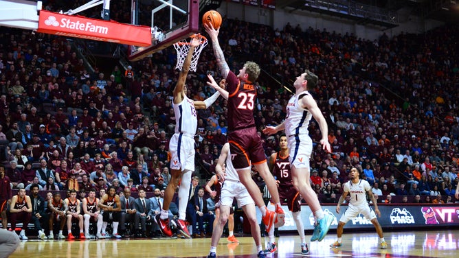 Virginia Tech Hokies guard Tyler Nickel takes a layup on the Virginia Cavaliers at Cassell Coliseum in Blacksburg. (Brian Bishop-USA TODAY Sports)