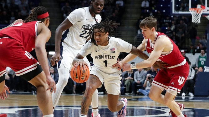 Penn State Nittany Lions PG Ace Baldwin dribbles through traffic against the Indiana Hoosiers at Bryce Jordan Center. (Matthew O'Haren-USA TODAY Sports)