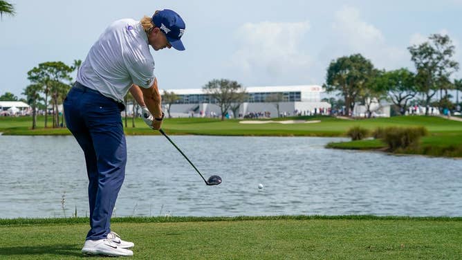 Jake Knapp tees off on the ninth hole during the opening round of The Cognizant Classic in The Palm Beaches 2024 at PGA National. (JEFF ROMANCE/THE PALM BEACH POST/USA TODAY NETWORK)