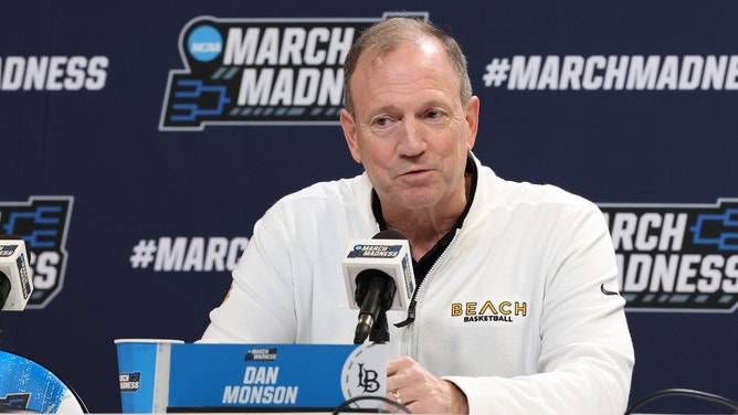 Long Beach State head coach Dan Monson addresses the media prior to the team's first round matchup in the NCAA Tournament against the Arizona Wildcats.