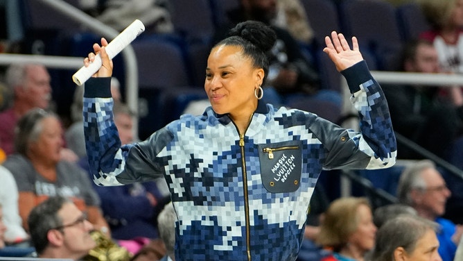 South Carolina Gamecocks head coach Dawn Staley reacts to a call during the second half against the Indiana Hoosiers in the semifinals of the Albany Regional of the 2024 NCAA Tournament at the MVP Arena.