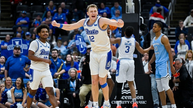 Drake guard Tucker DeVries reacts after the Bulldogs defeated the Indiana State Sycamores to win the Missouri Valley Conference Tournament Championship.