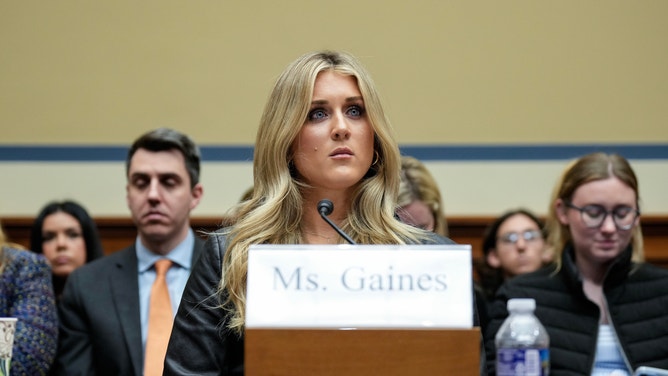 Former collegiate swimmer Riley Gaines testifies during a House Oversight Subcommittee on Health Care and Financial Services hearing on Capitol Hill.