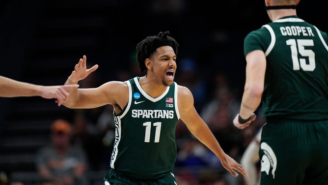 Michigan State guard A.J. Hoggard reacts during the first half of an NCAA Tournament game against Mississippi State.