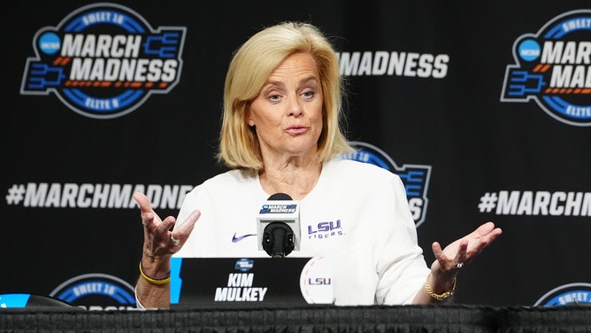 LSU Tigers head coach Kim Mulkey answers questions during the NCAA Tournament Sweet 16 game at MVP Arena.