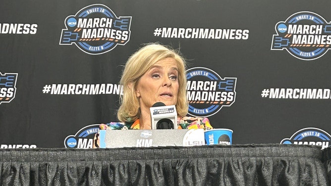 Kim Mulkey talks to reporters after LSU defeated UCLA in the Sweet 16 of the Women's NCAA Tournament.