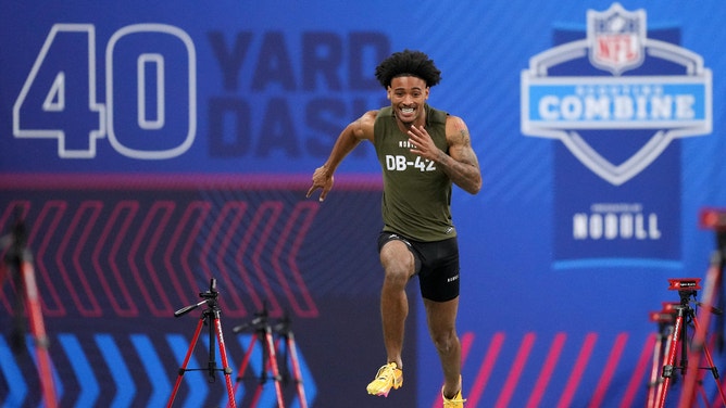 Clemson CB Nate Wiggins works out during the 2024 NFL Scouting Combine prior to the 2024 NFL Draft.