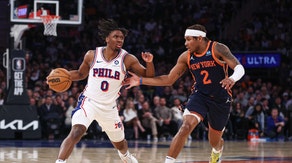 New York Knicks guard Miles McBride defends Philadelphia 76ers PG Tyrese Maxey at Madison Square Garden. (Vincent Carchietta-USA TODAY Sports)