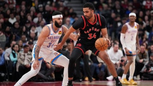 Toronto Raptors forward Jontay Porter posts up Oklahoma City Thunder forward Kenrich Williams at Scotiabank Arena in Canada. (John E. Sokolowski-USA TODAY Sports)