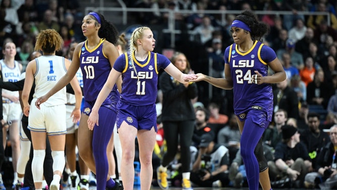 LSU Tigers' Hailey Von Lith high-fives Aneesah Morrow during a game against the UCLA Bruins during the Sweet Sixteen of the 2024 NCAA Women's Basketball Tournament at MVP Arena in Albany, New York. (Greg Fiume/NCAA Photos via Getty Images)