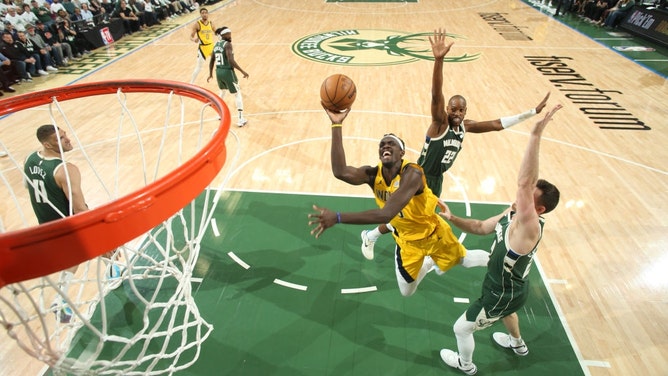 Indiana Pacers PF Pascal Siakam shoots the ball during the game vs. the Milwaukee Bucks during Game 2 of the 1st round in the 2024 NBA Playoffs Fiserv Forum Center in Wisconsin. (Photo by Gary Dineen/NBAE via Getty Images).