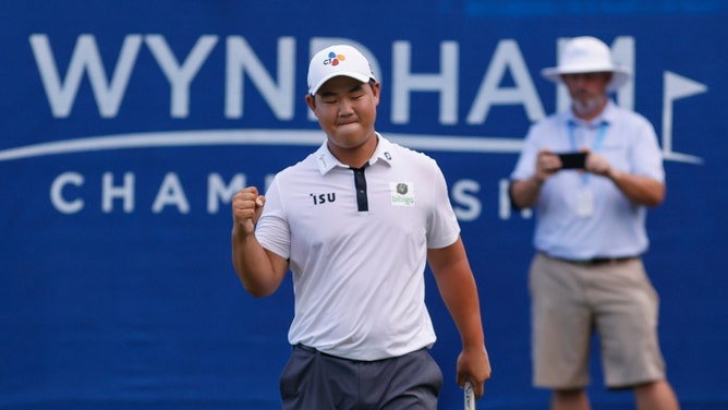 Joohyung 'Tom' Kim reacts after winning the 2022 Wyndham Championship. (Nell Redmond-USA TODAY Sports)