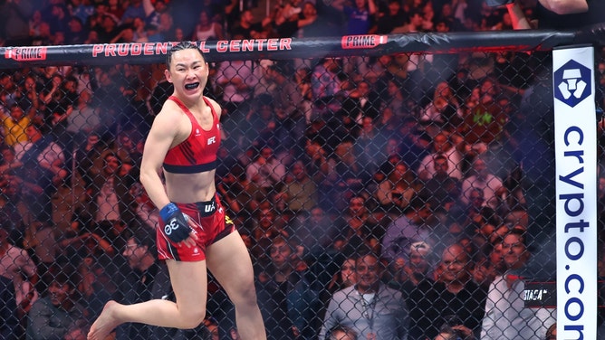 Yan Xiaonan is pumped up after defeating Jessica Andrade during UFC 288 at Prudential Center in New Jersey. (Ed Mulholland-USA TODAY Sports)