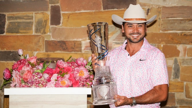 Jason Day poses with the trophy after winning the 2023 AT&T Byron Nelson at TPC Craig Ranch in McKinney, Texas. (Raymond Carlin III-USA TODAY Sports)