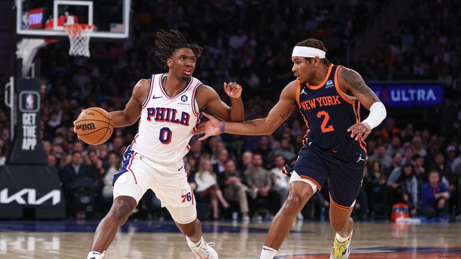 New York Knicks guard Miles McBride defends Philadelphia 76ers PG Tyrese Maxey at Madison Square Garden. (Vincent Carchietta-USA TODAY Sports)