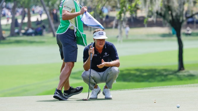 Keith Mitchell lines up a putt on the 2nd green during the 3rd round of the 2024 Valspar Championship. (Reinhold Matay-USA TODAY Sports)