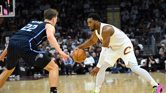 Cleveland Cavaliers SG Donovan Mitchell sizes up Orlando Magic SG Franz Wagner during Game 1 of the 1st round for the 2024 NBA Playoffs at Rocket Mortgage FieldHouse in Ohio. (David Richard-USA TODAY Sports)