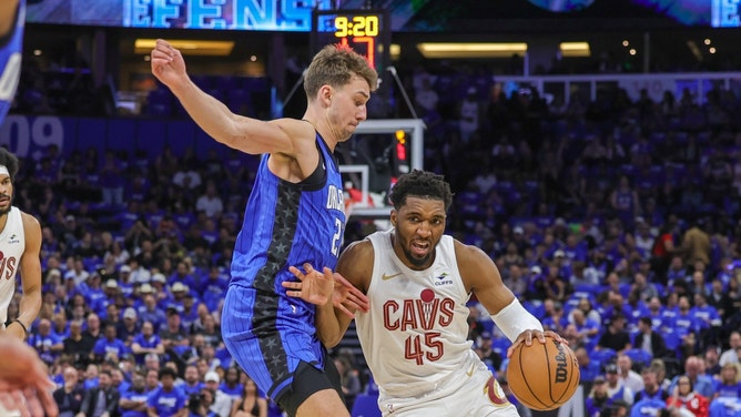 Cleveland Cavaliers SG Donovan Mitchell drives past Orlando Magic SF Franz Wagner in Game 3 in the 1st round for the 2024 NBA playoffs at Kia Center in Florida. (Mike Watters-USA TODAY Sports)