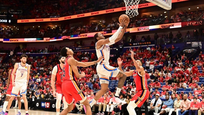 Oklahoma City Thunder forward Jalen Williams goes to the rack on the Pelicans in Game 3 of Round 1 in the 2024 NBA playoffs at Smoothie King Center in New Orleans. (Matt Bush-USA TODAY Sports)