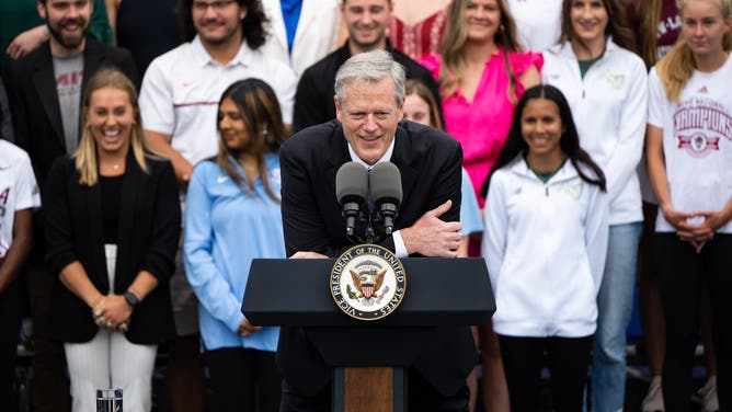 NCAA president Charlie Baker speaks during College Athlete Day at the White House.