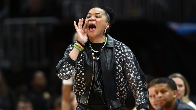 South Carolina Gamecocks head coach Dawn Staley reacts against the NC State Wolfpack in the Final Four of the Women's 2024 NCAA Tournament.