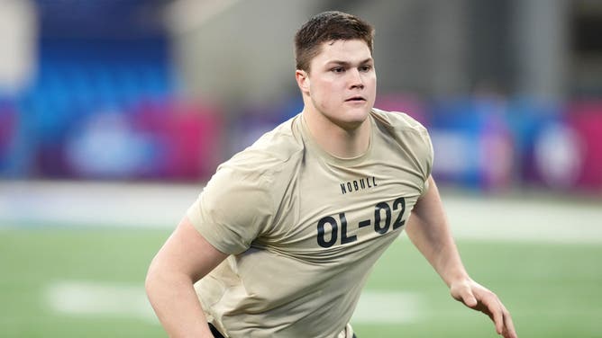 Los Angeles Chargers head coach Jim Harbaugh defended his team taking an offensive lineman, Notre Dame's Joe Alt (pictured), with the #5 overall pick. 