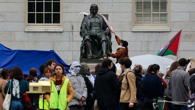 An anti-Israel protester drapes a keffiyeh - a scarf associated with Palestinians - over the statue of John Harvard during a pro-Hamas rally in Harvard Yard. 
