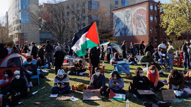Anti-Israel Protesters in downtown Boston at Northeastern University gather in support of those camping in Harvard Yard to support Palestine and the terrorist organization Hamas. 