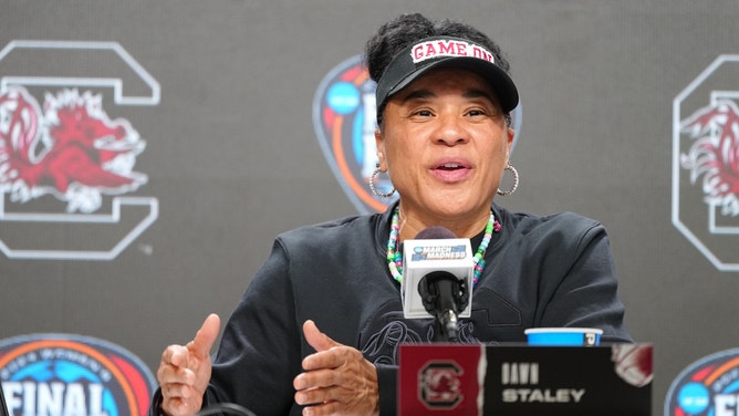 South Carolina women's head basketball coach Dawn Staley takes questions from the media prior to her team's National Championship victory over Iowa and Caitlin Clark.